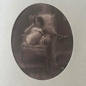 french antique boudoir matted oval print in a white wooden frame